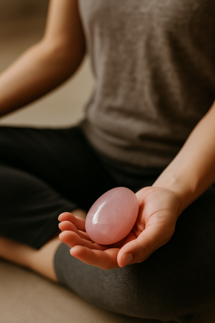 a picture of a man sat cross legged holding a pink crystal
