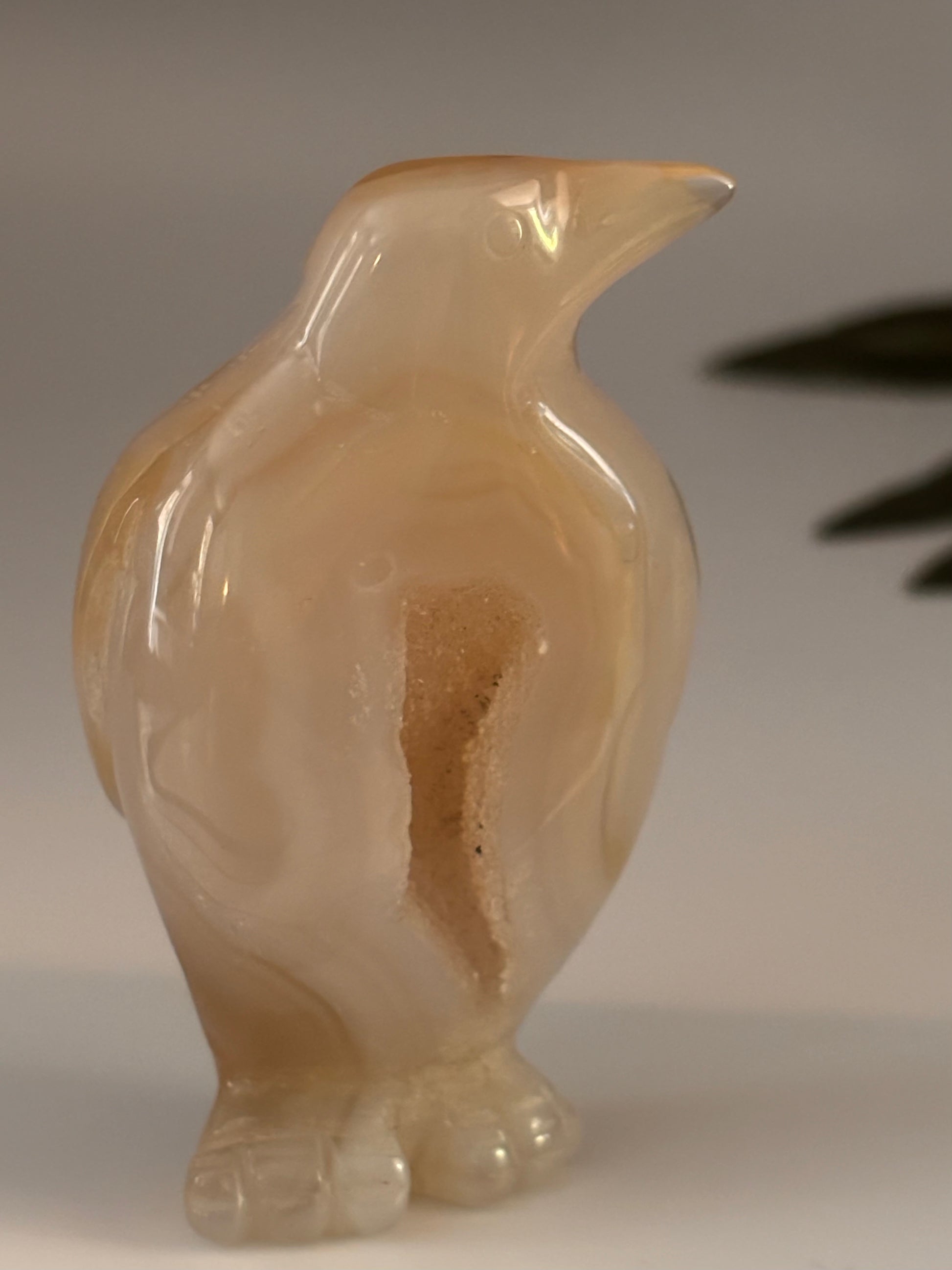 Translucent beige penguin-shaped agate crystal carving on a plain background