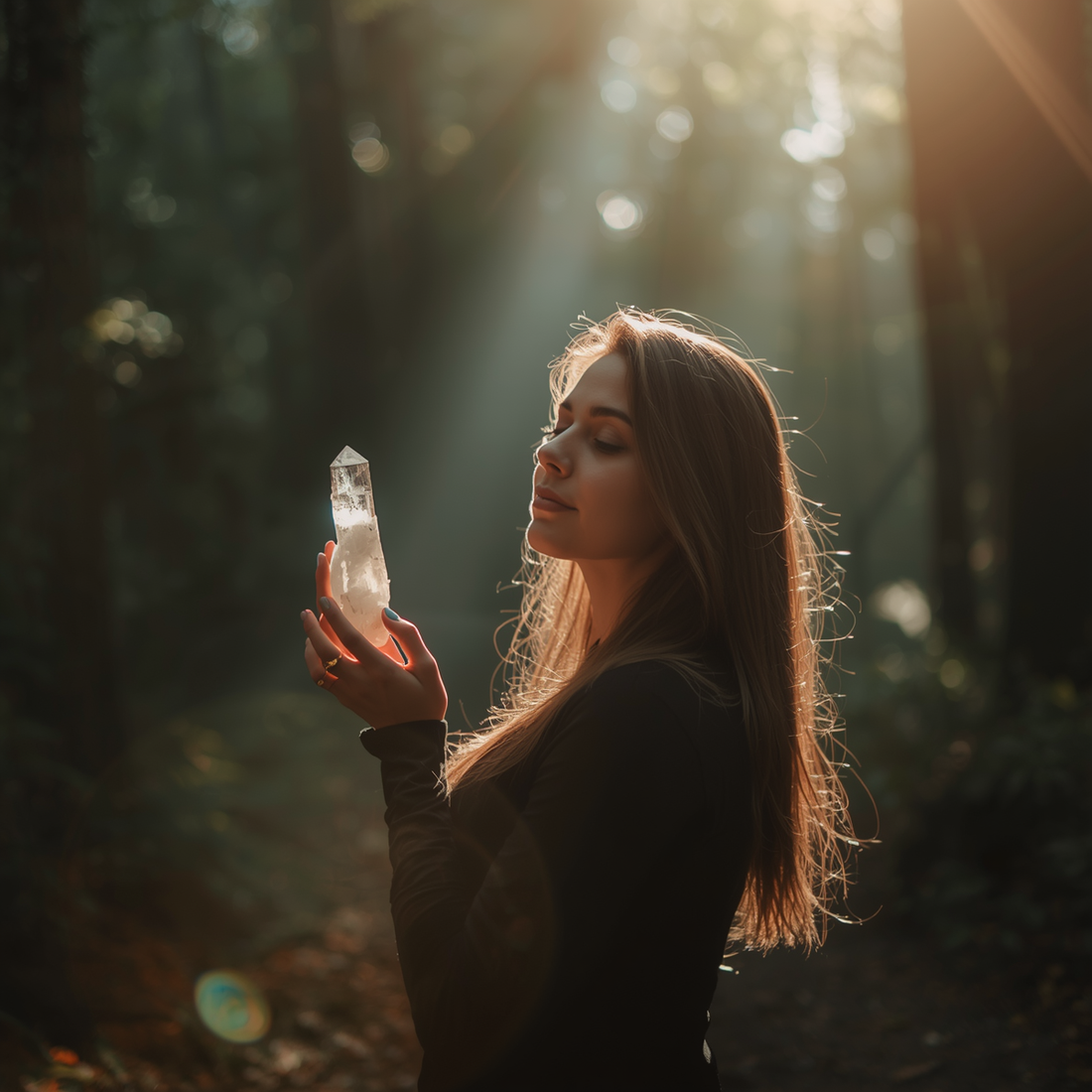 a woman holding a crystal whilst stood in the woods