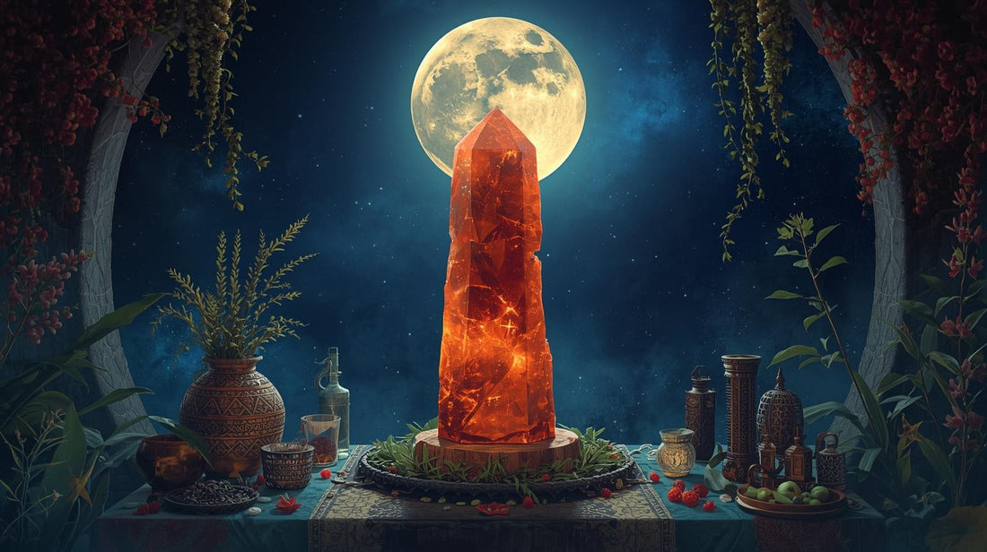 a red crystal tower in front of the full moon