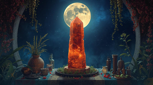 a red crystal tower in front of the full moon