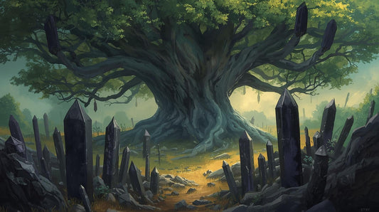 a dark woodland with black crystals