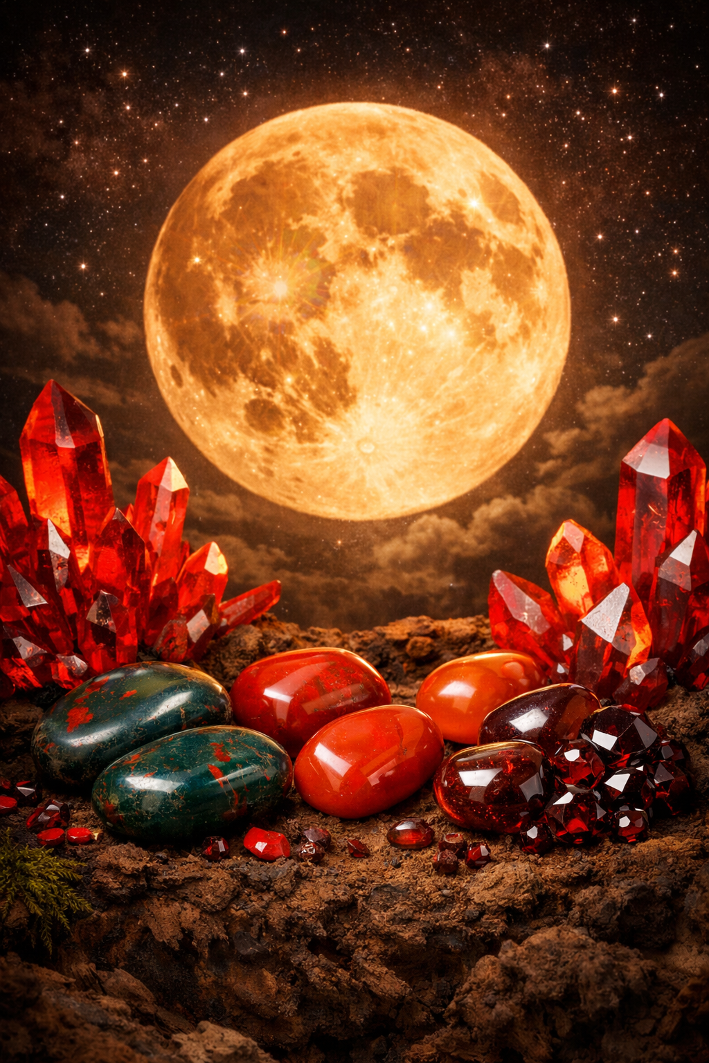 a full moon with red crystals to represent the full moon