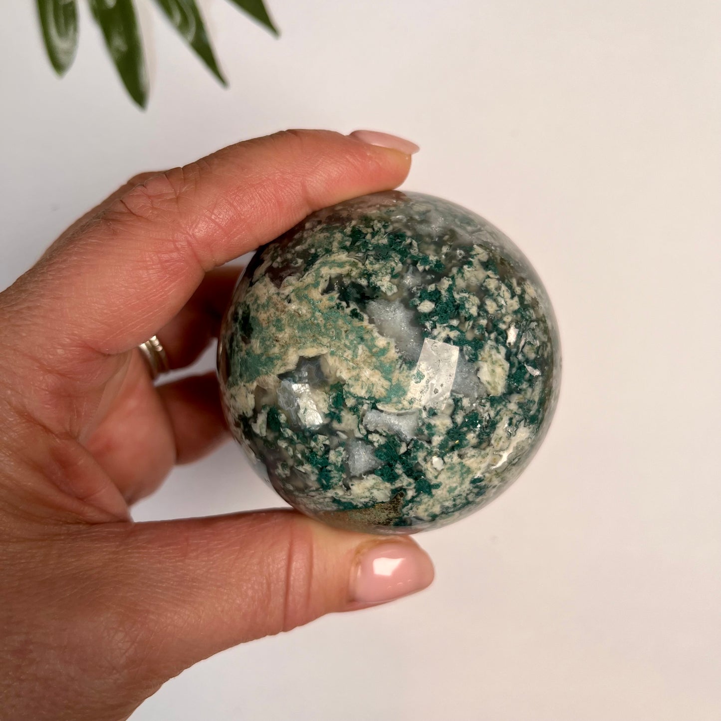 Moss Agate Sphere #2 with Clear Quartz & Druzy