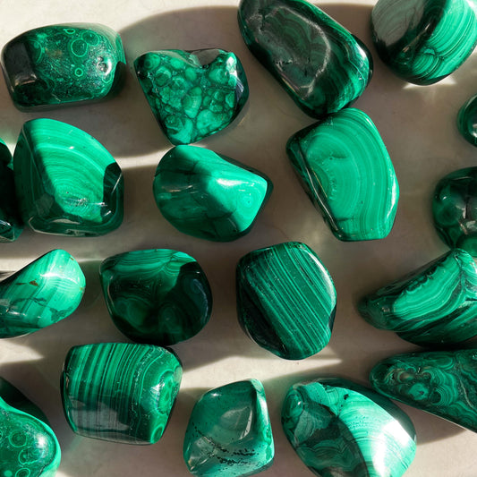 A collection of tumbled green Malachite crystals of various sizes.